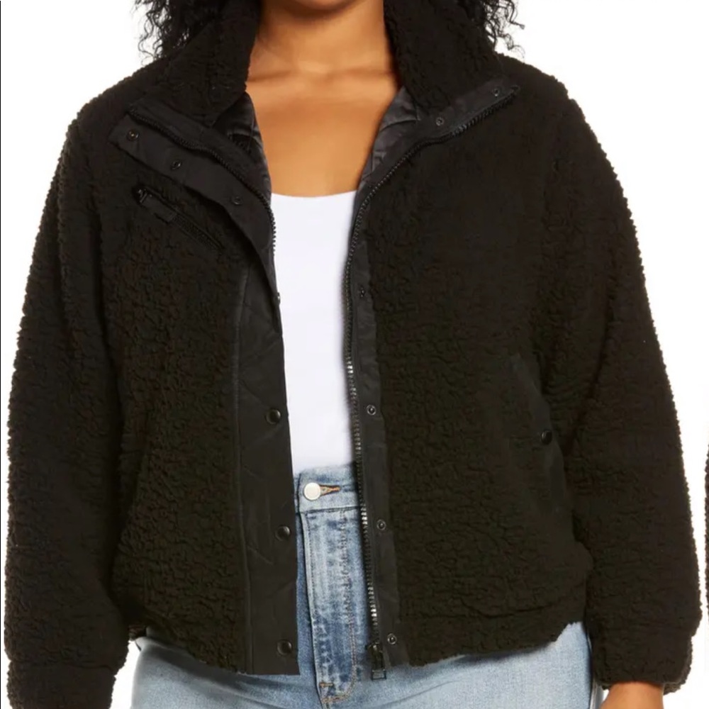 NWT BlankNYC XL Black High Collar Sherpa Jacket Lined Button Zipper Pockets 1X